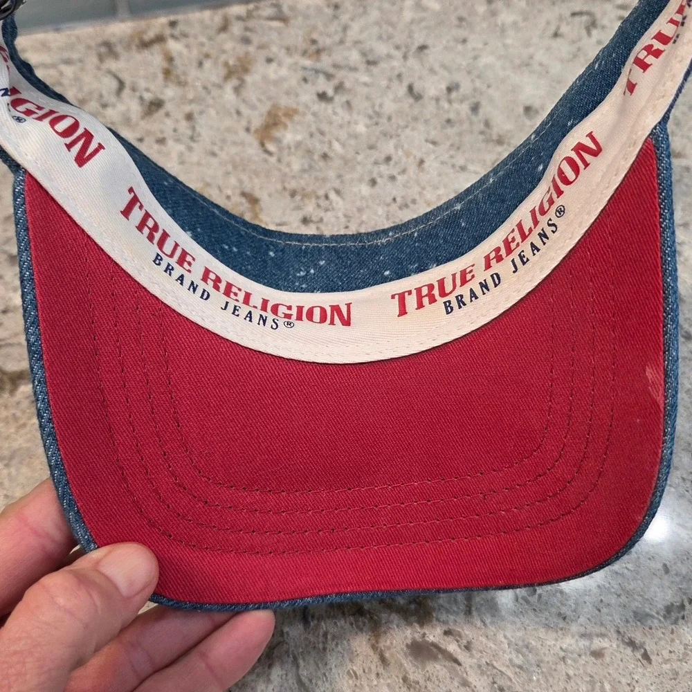 True Religion Denim Visor Blue Paint Splatter Red Horseshoe‎ Logo Adjustable Hat